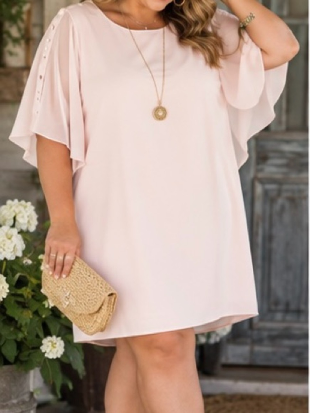 Calvin Klein Blush Pink Chiffon Flutter Sleeve Midi Dress
